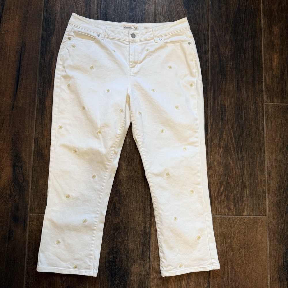 Coldwater Creek Womens Jeans White Straight Leg All Over Floral Embroidered 12